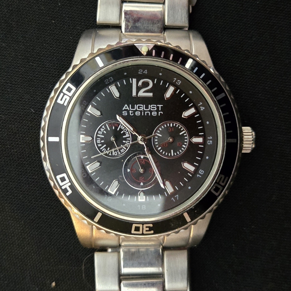 August Steiner Black Dial Silver Watch With Box